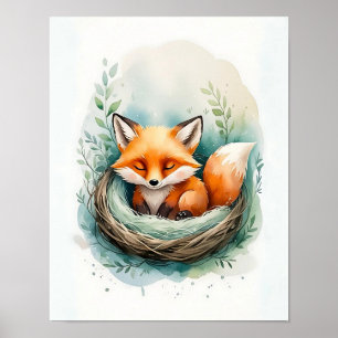 Friedlicher Fuchs ruhendes Nest Aquarell-Illustrat Poster