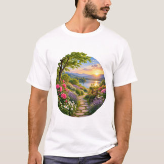 Friedlicher Garten See Berglandschaft T-Shirt
