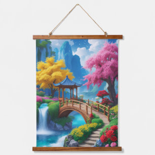 Friedlicher Japanischer Zen-Garten Wasserfall Wandteppich Mit Holzrahmen
