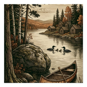 Friedlicher Kiefernwald Fluss Und Hölzernes Boot N Poster