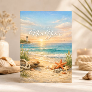 Friedlicher Leuchtturm am Meer zum Neujahr Feiertagskarte