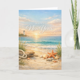 Friedlicher Leuchtturm am Meer zum Neujahr Feiertagskarte