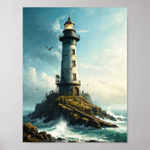 Friedlicher Leuchtturm mit Möwe im nördlichen Meer Poster