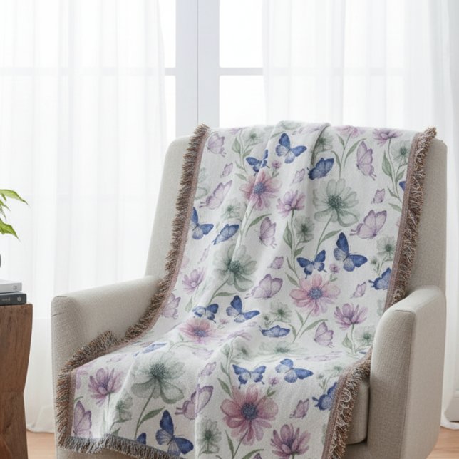 Friedlicher Lila-Schmetterling-Mindfulness-Garten Decke (Butterfly floral throw blanket)