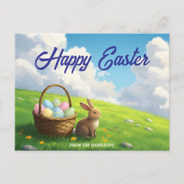 Friedlicher Ostern-Frühlingswiese Hase und Eierkor Feiertagspostkarte