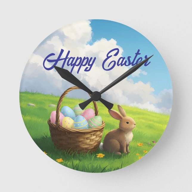 Friedlicher Ostern-Frühlingswiese-Hase und Eierkor Runde Wanduhr (Vorderseite)
