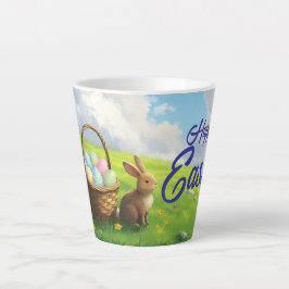 Friedlicher Ostervorfrühling Wiese Hase & Eierkorb Milchtasse