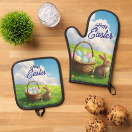 Friedlicher Ostervorfrühling-Wiese-Hase und Eierko Ofenhandschuh & Topflappen-Set