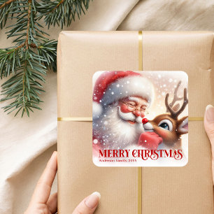 Friedlicher personalisierter Weihnachtsmann Rudolp Quadratischer Aufkleber