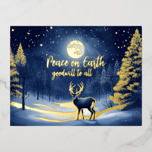 Friedlicher Schnee Winterwald Vollmond und Bock Folien Feiertagspostkarte