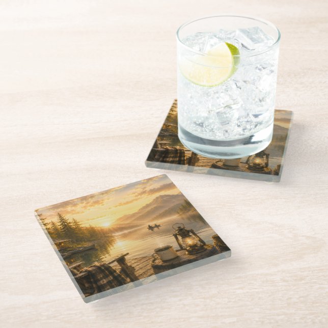 Friedlicher See Glas Getränkeuntersetzer (Schrägansicht)
