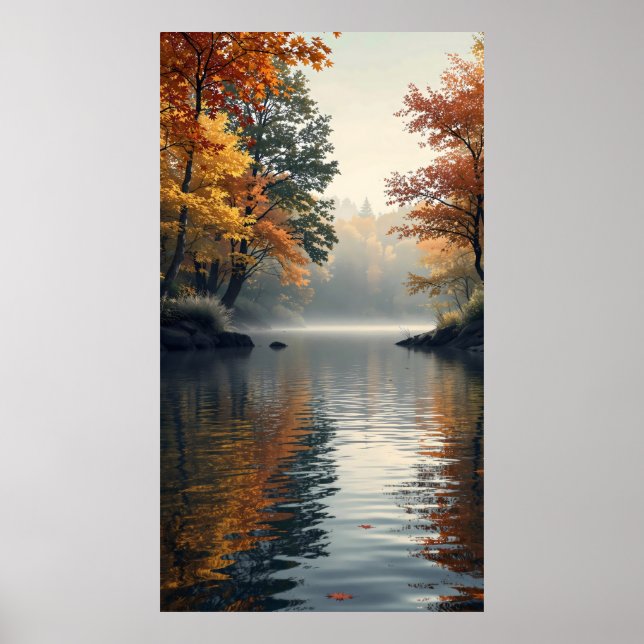 friedlicher See umgeben von Herbstbäumen Poster (Vorne)