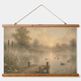Friedlicher Sonnenaufgang Nebliger Teich Wandbehan Wandteppich Mit Holzrahmen