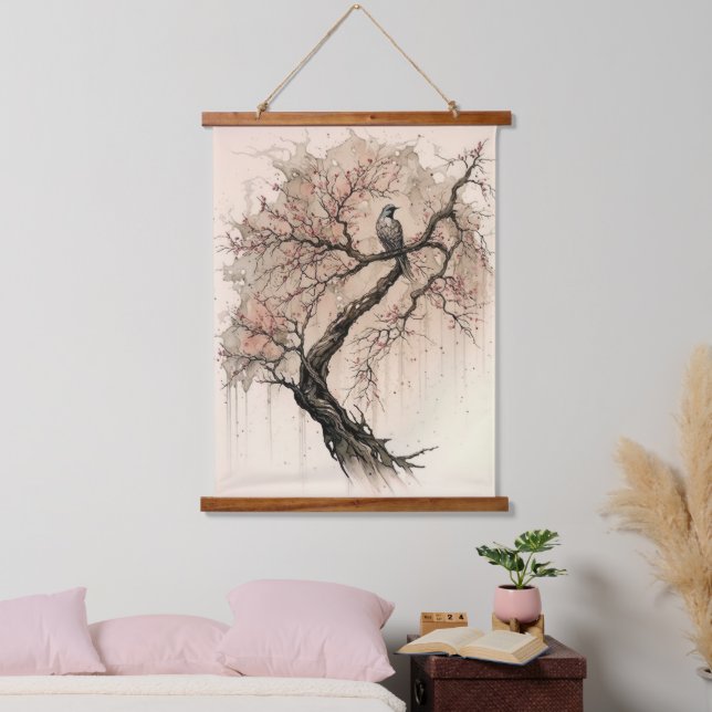Friedlicher Vogel und Kirschblossom Wandteppich Mit Holzrahmen (Schlafzimmer)