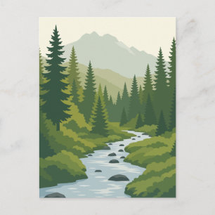 Friedlicher Waldfluss und entfernter Bergvektor Postkarte