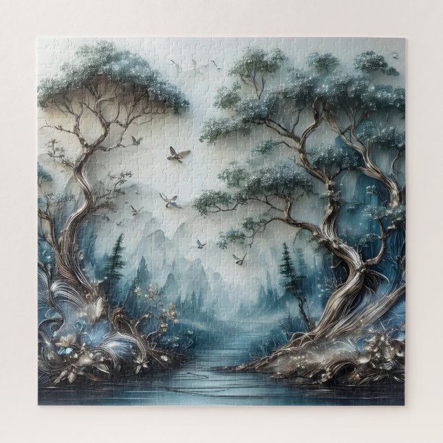 Friedlicher Waldfluss und fliegende Vögel Puzzle (Vertikal)