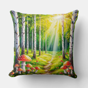 Friedlicher Waldweg mit sonnenbeschienenen Birken Kissen
