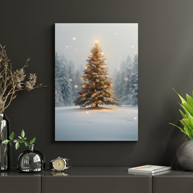 Friedlicher Weihnachtsbaum in schneebedeckter Lich Poster (Von Creator hochgeladen)