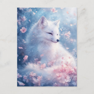 Friedlicher Weißer Fuchs im Kirschblüten-Garten Postkarte