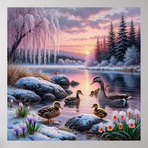 Friedlicher winterlicher Seelandschaft mit Enten Poster