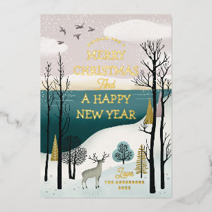 Friedlicher Winterwald & Hirsche Goldene Weihnac Folien Feiertagskarte