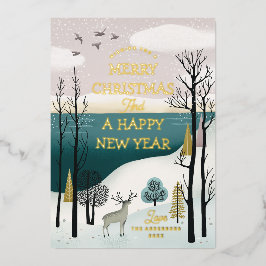 Friedlicher Winterwald & Rehe | Gold Weihnachten Folien Feiertagskarte