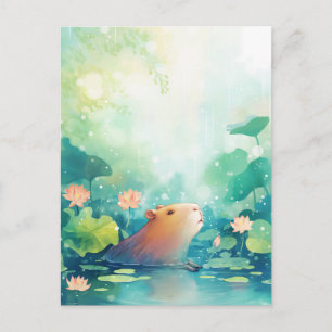 Friedliches Capybara im rosa Lotusblumen-Teich Postkarte