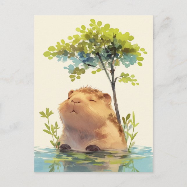 Friedliches Capybara im Wasser unter grünem Baum Postkarte (Vorderseite)