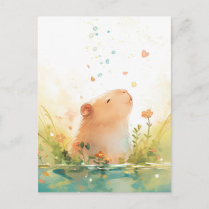 Friedliches Capybara mit Herz und fallenden Blüten Postkarte