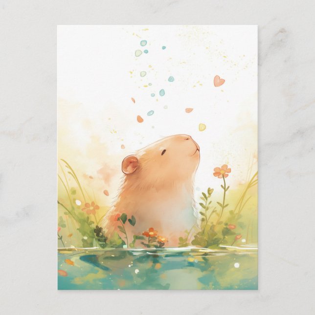 Friedliches Capybara mit Herz und fallenden Blüten Postkarte (Vorderseite)