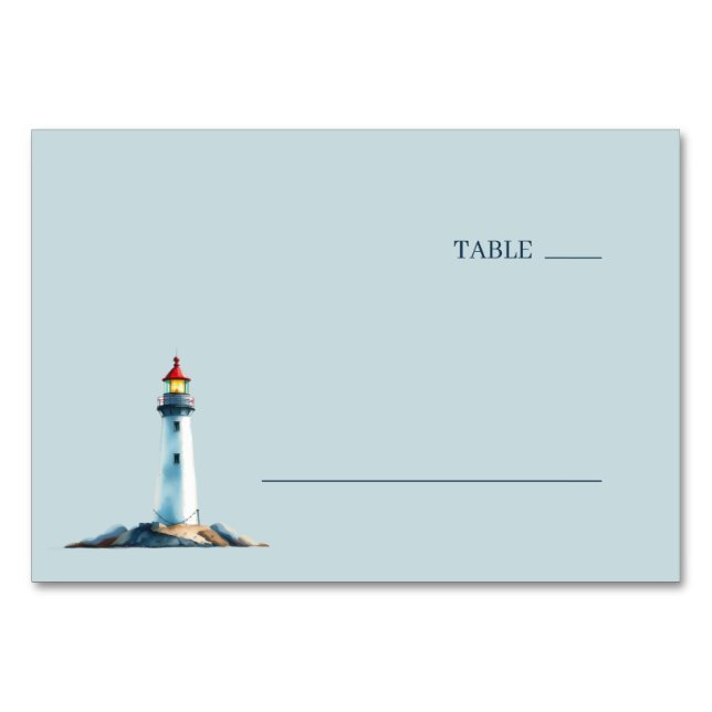 Friedliches Hellblaues Wasserfarben-Leuchtturm Tischnummer (Vorderseite)