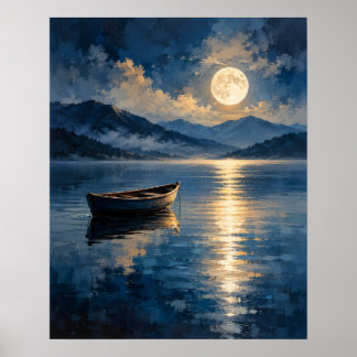 Friedliches Holzreihenboot Mondreflexion Poster