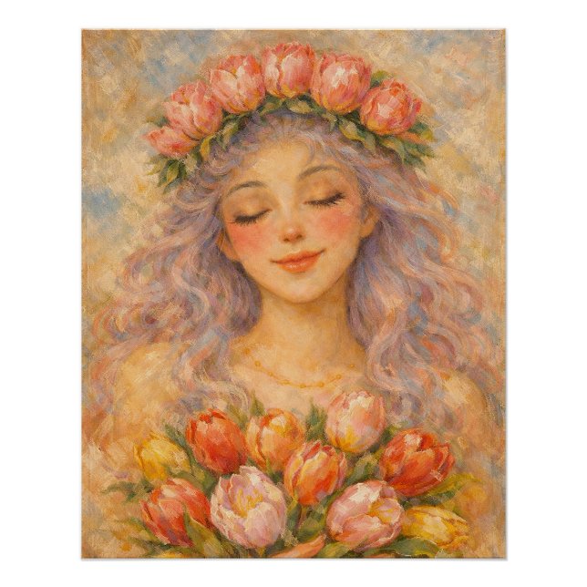 Friedliches Mädchen mit gelben Tulpen  Poster (Vorderseite)