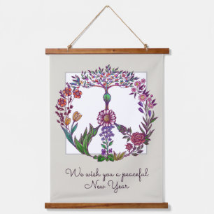 Friedliches neues Jahr Blumenfriedenszeichen Perso Wandteppich Mit Holzrahmen