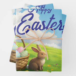 Friedliches Ostern Frühling Wiese Hase & Eierkorb Geschenkpapier Set