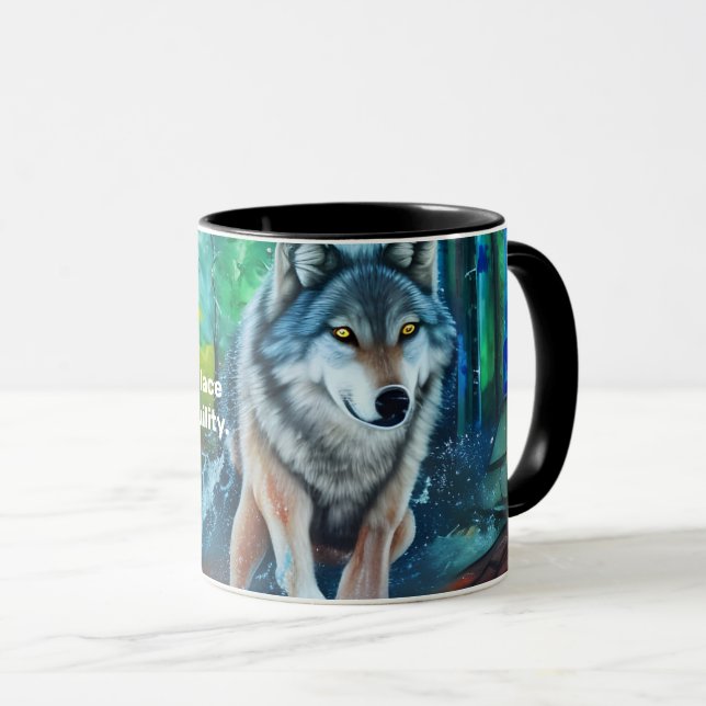 Friedliches Schlafmantra mit Grauwolf in der Tasse (VorderseiteRechts)