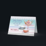 Friend Birthday Individuelle Name Teapot and Teacu Karte<br><div class="desc">Ihr Freund ist etwas Besonderes, und diese religiöse Karte spiegelt diese Beziehung wider. Eine Teekarte, die süß ist, mit Perlen um den Teekessel und Spitzen im Hintergrund hängt, ist perfekt, um Ihrem Freund einen guten Geburtstag zu wünschen. Personalisieren Sie mit dem Namen! Danke an vecteezy.com/members/sunshine-91 und vecteezy.com/members/CharlesLeon für ihre Bilder...</div>