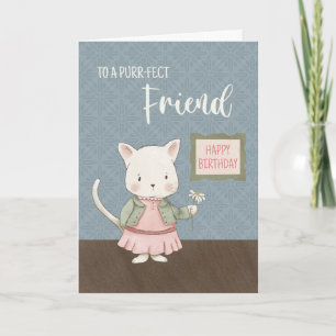 Friend Birthday Kitty in a Dress Holding Blume Karte