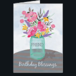 Friend Birthday Segings Jar Vase mit Blume<br><div class="desc">Schicken Sie Ihren Freunden Segen nicht nur zum Geburtstag,  sondern das ganze Jahr über. Hübsche Aquarellfarben-Blume in einer Glaskeramikvase sind Set auf einem gestreiften Tischdecken. Perfekte religiöse Geburtstagskarte für Ihren Freund.</div>