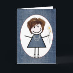 Friend Birthday Strichmännchen Girl with Daisis Karte<br><div class="desc">Niedliches Strichmännchen mit Haar,  Sneakers,  blaues Denim-Kleid,  Perlenhalskette und stumpfes Bouquet auf blauem Denim-Hintergrund.</div>