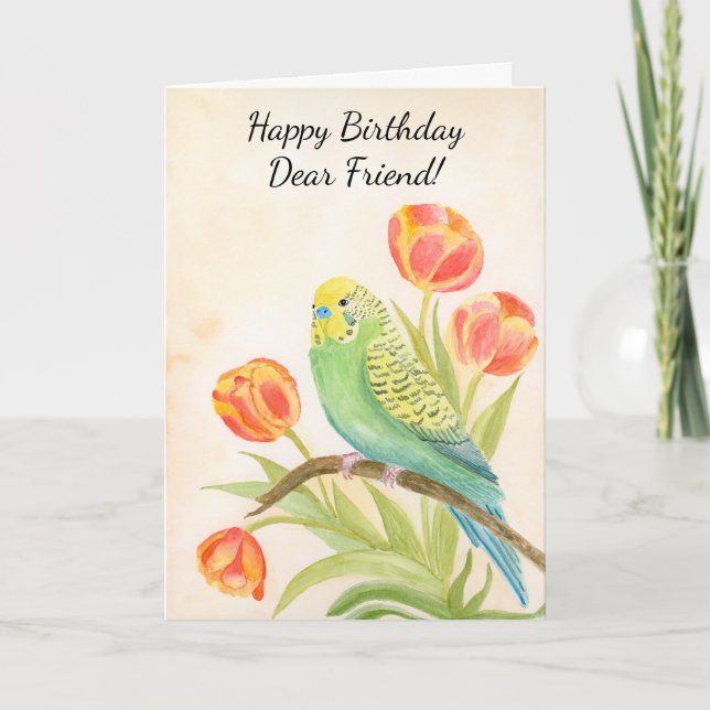 Friend Happy Birthday Parakeet with Tulips Karte (Vorderseite)