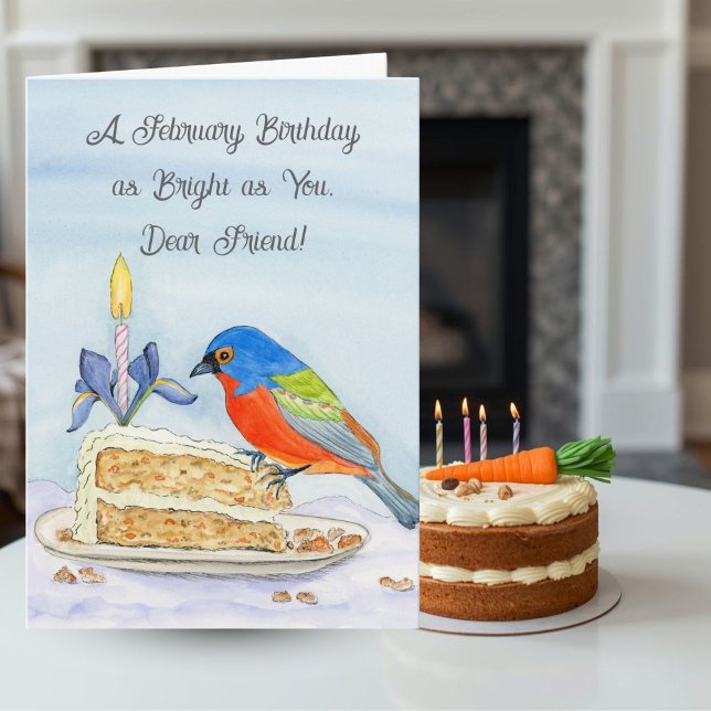 Friend Happy February Birthday Painted Bunting Karte (Von Creator hochgeladen)