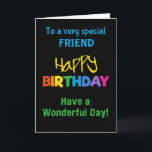 Friend Rainbow Colors on Black Birthday Card Karte<br><div class="desc">Eine farbenfrohe Geburtstagskarte für einen Freund,  mit bunten Schriftzeichen auf schwarzem Hintergrund,  dem Wort "glücklich" in Gelb und dem Wort "Geburtstag" in Regenbogenfarben.</div>