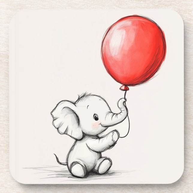 Friendly Baby Elephant mit Red Balloon Getränkeuntersetzer (Vorderseite)