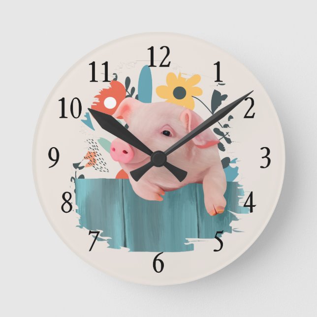 Friendly Baby Pig | Niedliche Kleintiere Runde Wanduhr (Vorderseite)