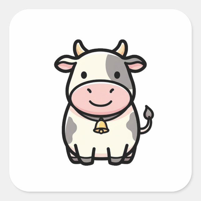 Friendly Cow – Cute Kawaii Animal Illustration Quadratischer Aufkleber (Vorderseite)