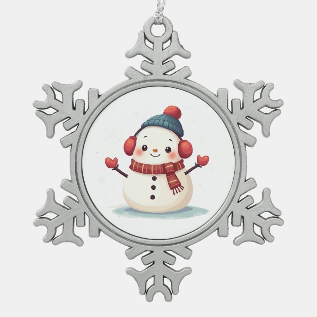 Friendly Cozy Kawaii Snowman Snowflake Schneeflocken Zinn-Ornament (Vorderseite)