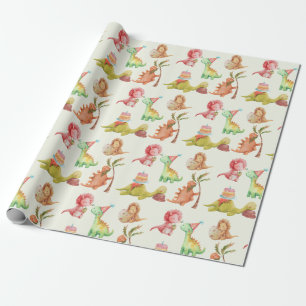Friendly Dinosaurs Greenery Wrapping Paper Geschenkpapier