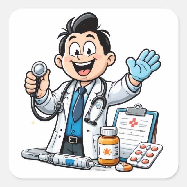 Friendly Doctor Mascot Medical Cartoon Design Quadratischer Aufkleber (Vorderseite)