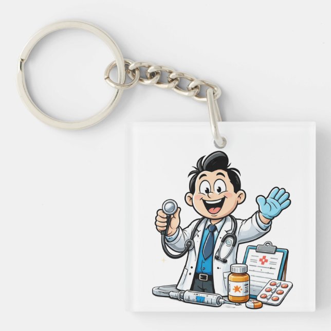 Friendly Doctor Mascot Medical Cartoon Design Schlüsselanhänger (Vorderseite)